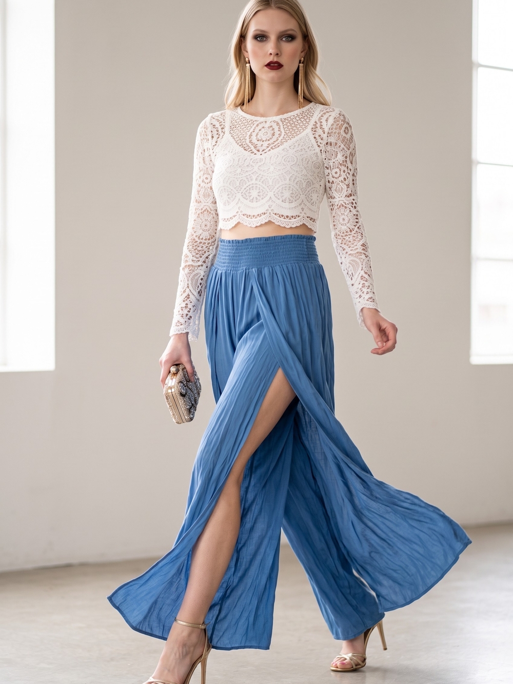 Rewash Sky Blue Wide-Leg Pleated Maxi Pants with High Slits